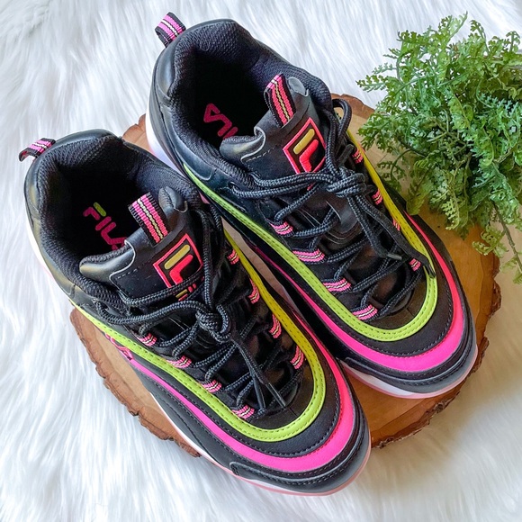 FILA Neon Pink & Green Black Sneakers Women's 7 Chunky Tennis Shoes - Picture 6 of 8